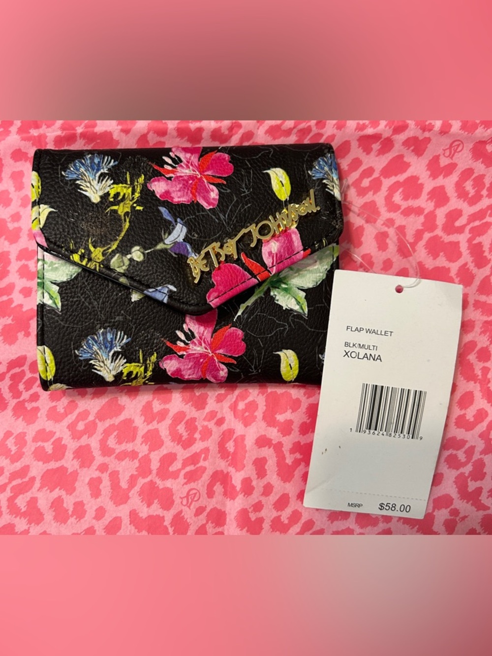 Betsey Johnson Black Floral Xolana Flap Wallet with Pink & Green Blooms
